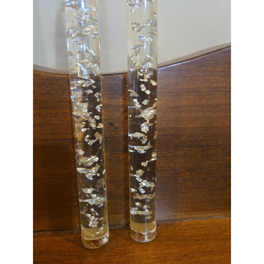 Vintage Lucite Acrylic Clear Taper Pair Candles Silver Flake 10" MCM Box Incl. - Picture 3 of 12
